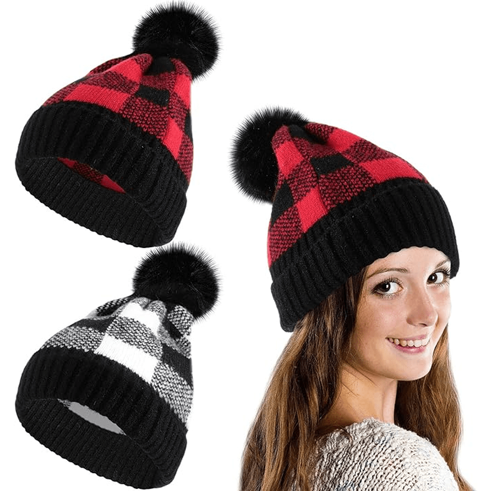 BUFFALO PLAID BEANIE WITH FAUX FUR POM