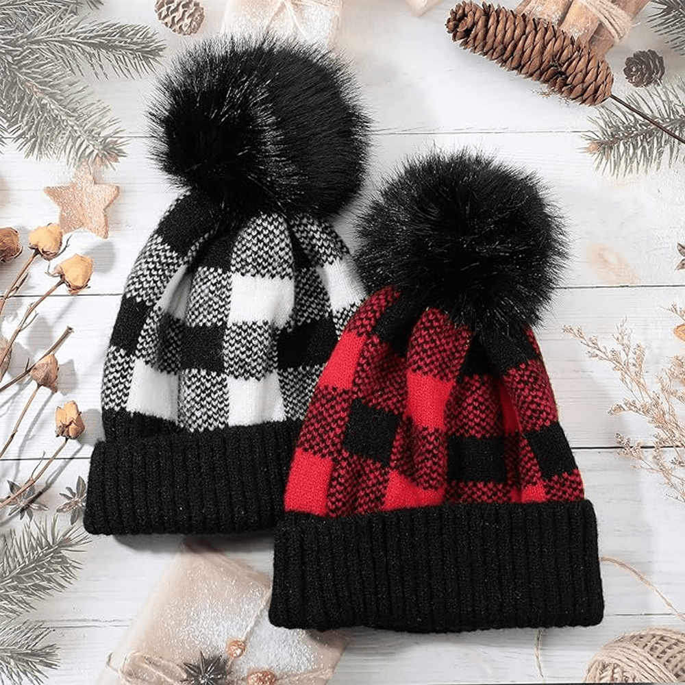 BUFFALO PLAID BEANIE WITH FAUX FUR POM