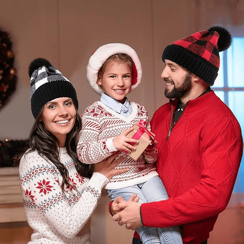 BUFFALO PLAID BEANIE WITH FAUX FUR POM
