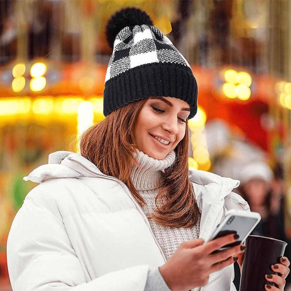 BUFFALO PLAID BEANIE WITH FAUX FUR POM