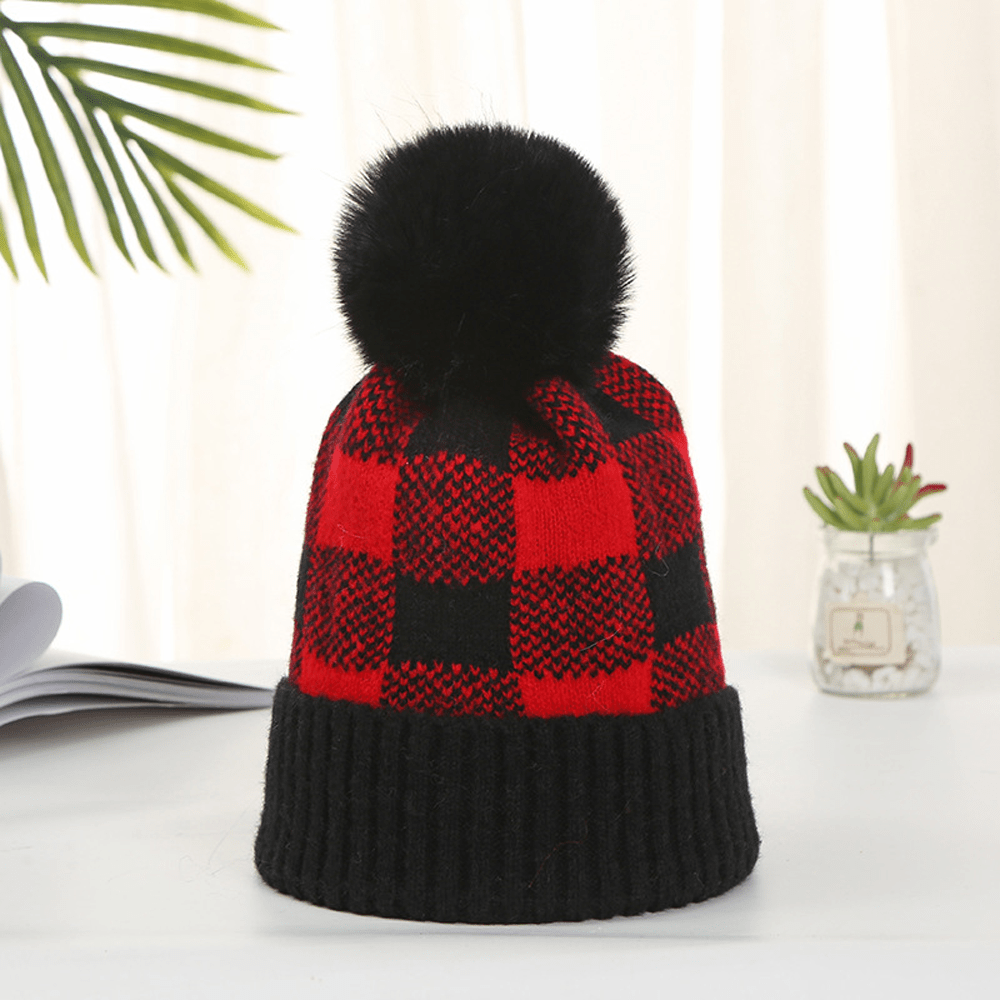 BUFFALO PLAID BEANIE WITH FAUX FUR POM