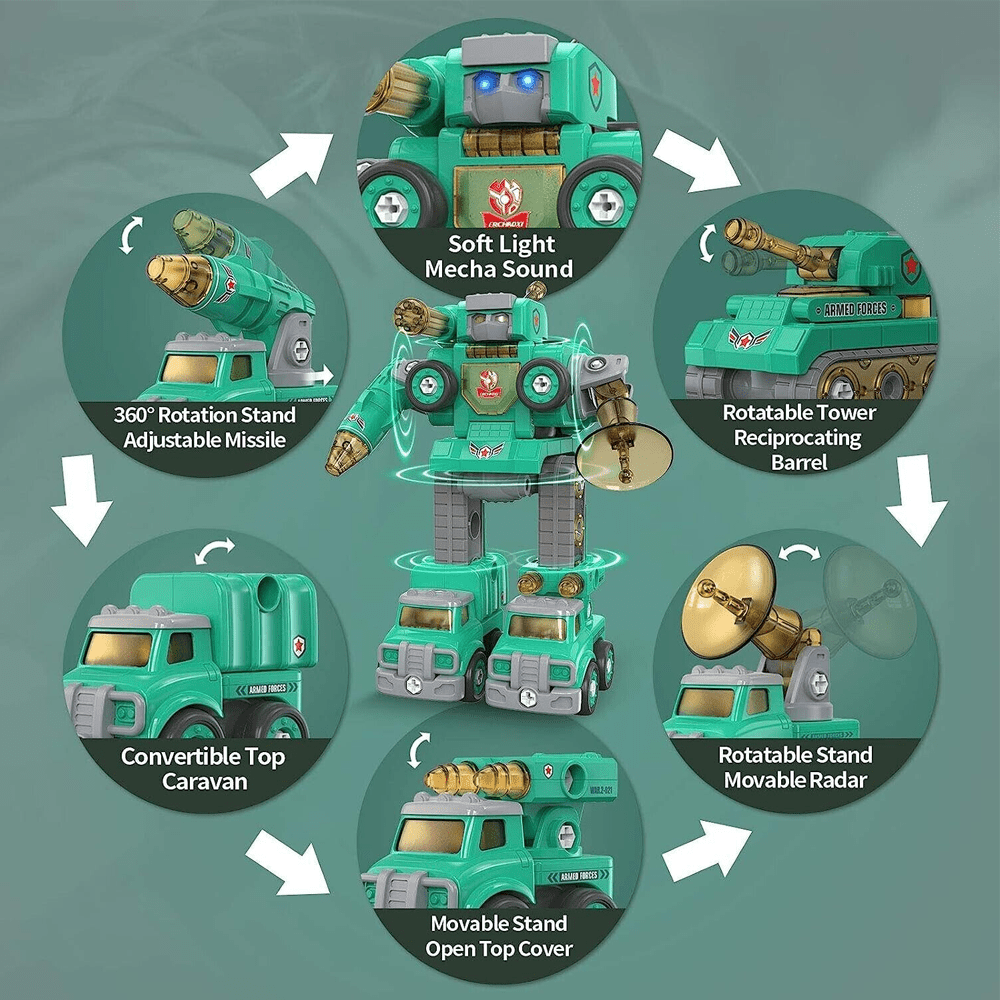 5 IN 1 PEACE DEFENDER ROBOT STEM TOY, 5 TRUCKS THAT TRANSFORM INTO GIANT ROBOT