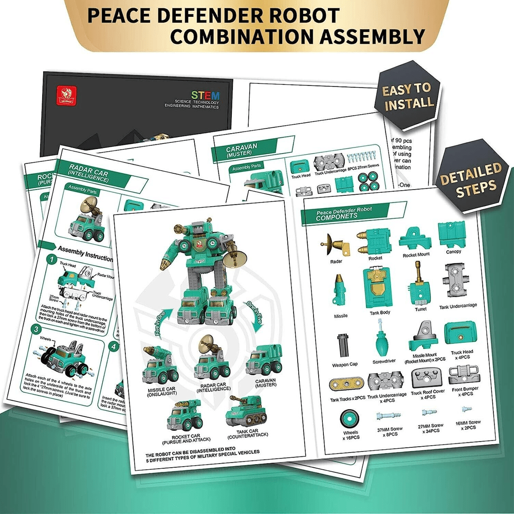 5 IN 1 PEACE DEFENDER ROBOT STEM TOY, 5 TRUCKS THAT TRANSFORM INTO GIANT ROBOT