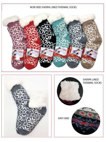 Non-Skid Sherpa Lined Thermal Socks -Flower With Border
