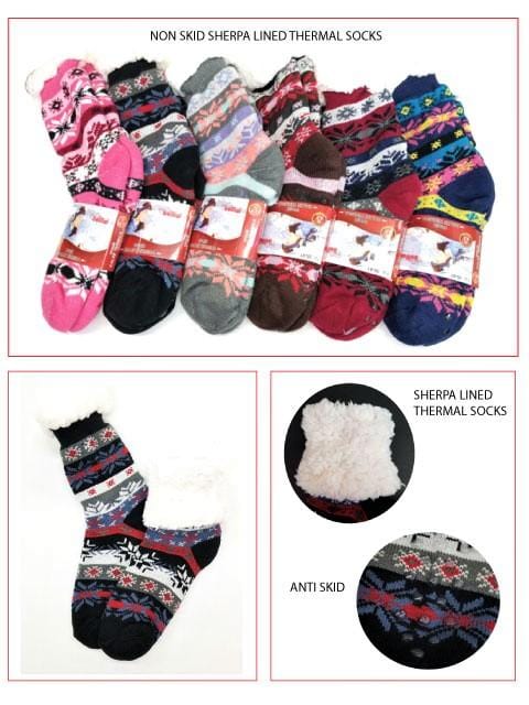 Non-Skid Sherpa Lined Thermal Socks -Stripes With Flower