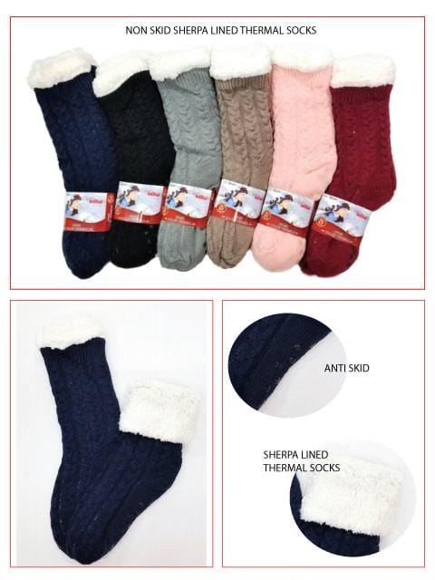 Non-Skid Sherpa Thermal Lined Thermal Socks - Assorted Solid Colours