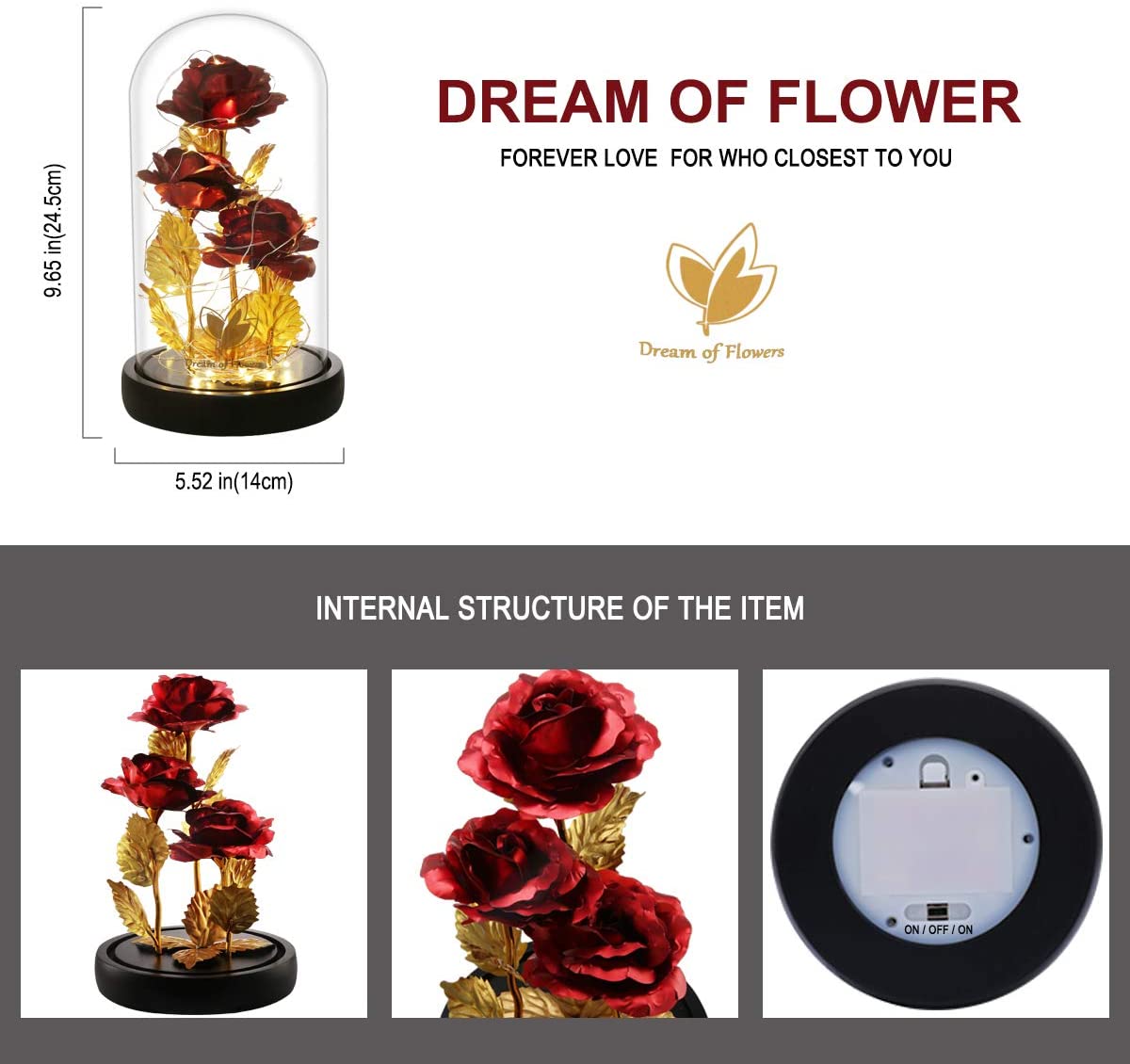 3 Roses LED Light In Glass Dome - 5 Colours