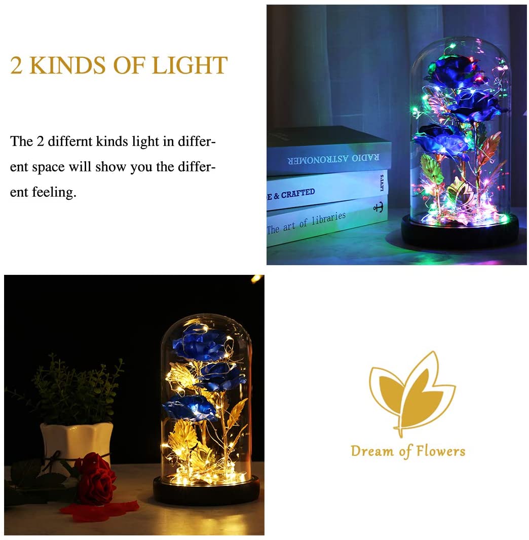 3 Roses LED Light In Glass Dome - 5 Colours