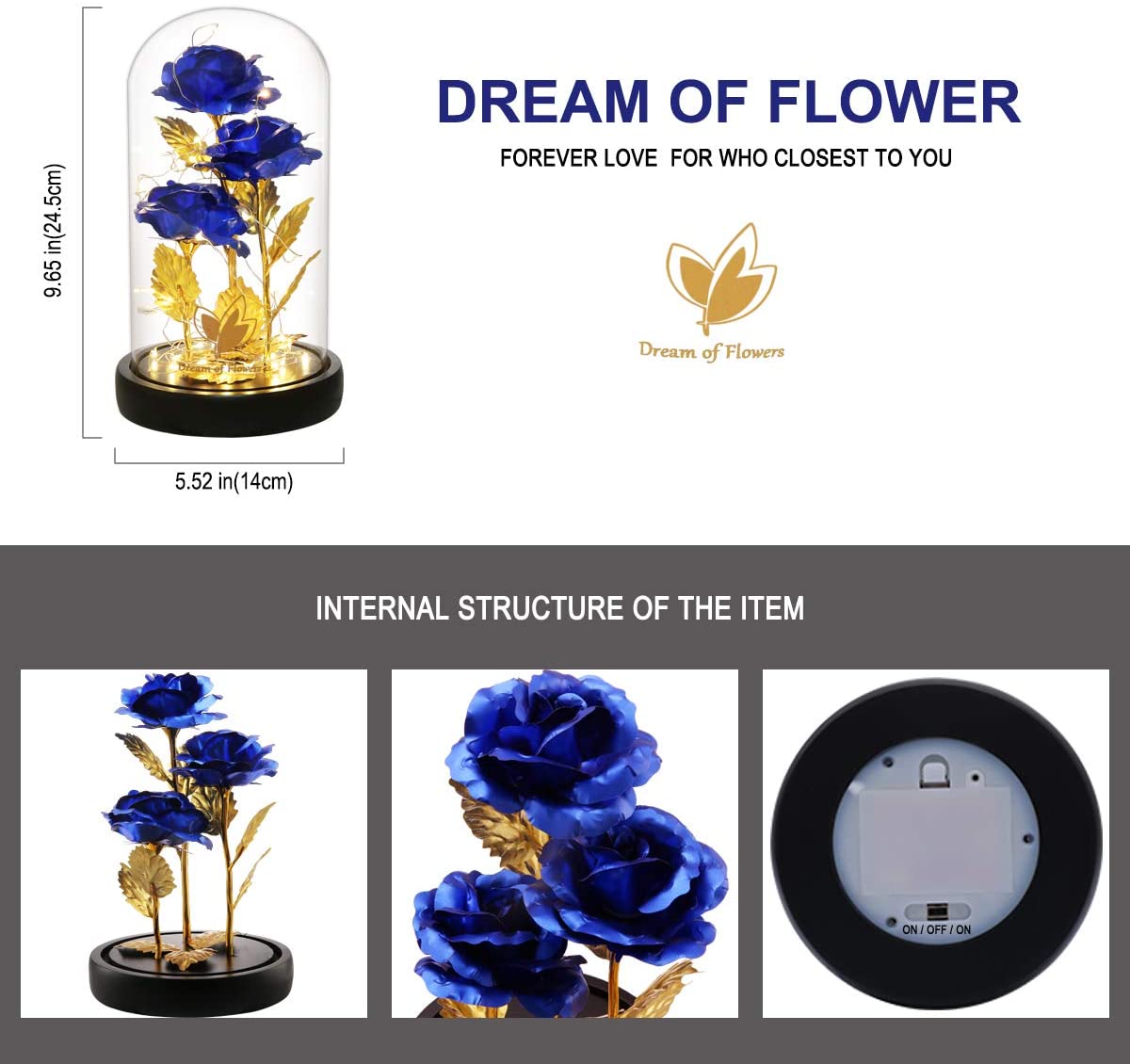 3 Roses LED Light In Glass Dome - 5 Colours