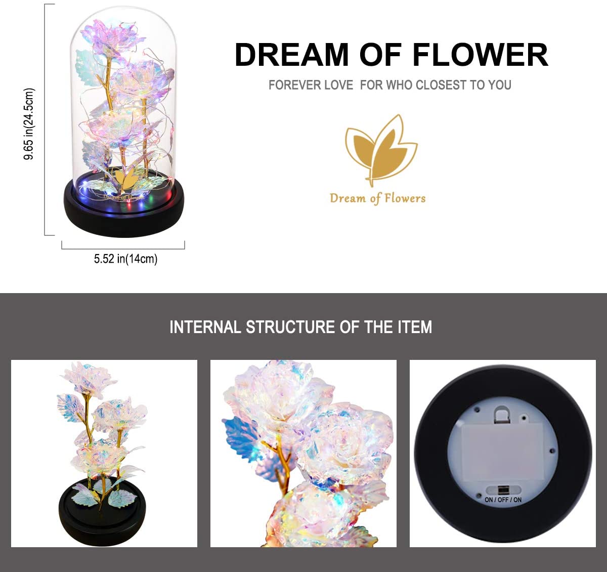 3 Roses LED Light In Glass Dome - 5 Colours