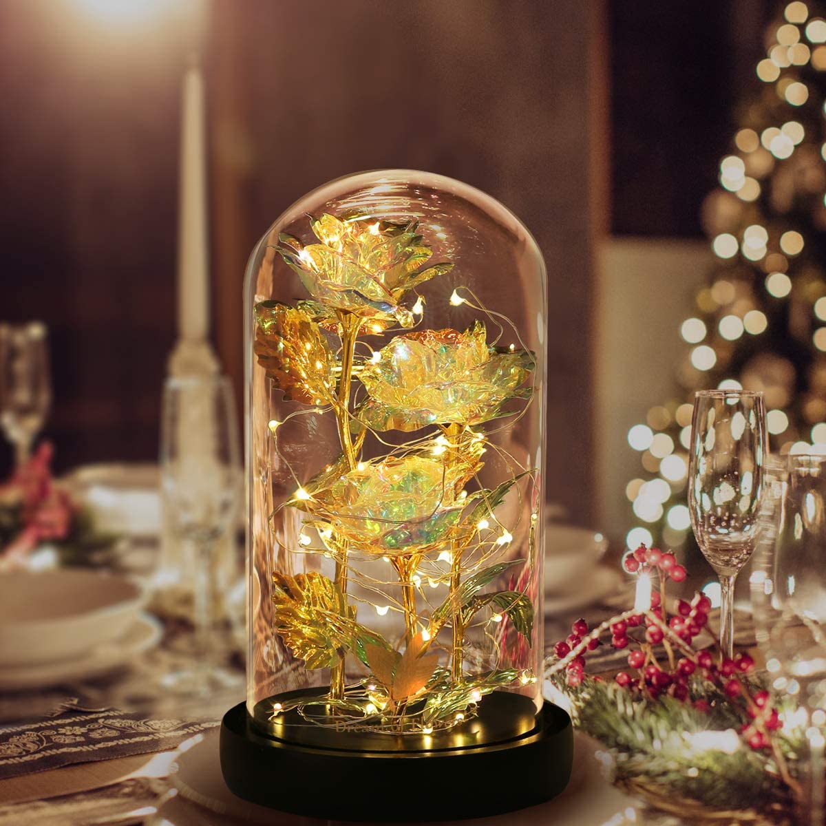 3 Roses LED Light In Glass Dome - 5 Colours
