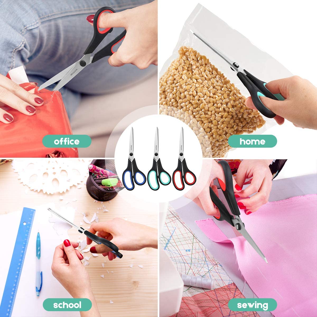 Multi-purpose 3 Pack Scissors With Soft Grip