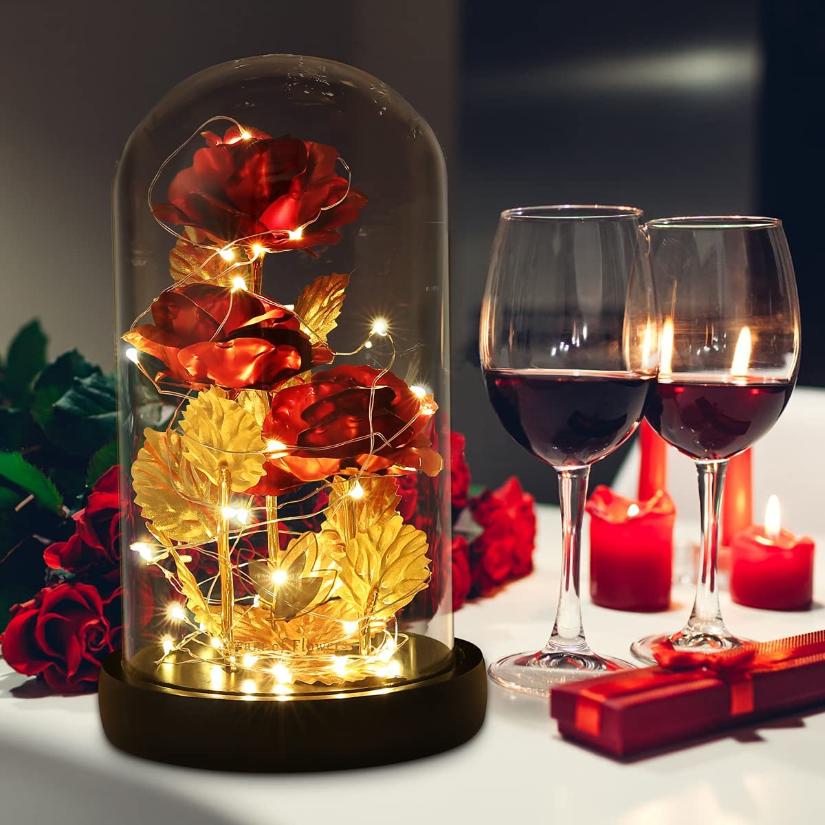 3 Roses LED Light In Glass Dome - 5 Colours
