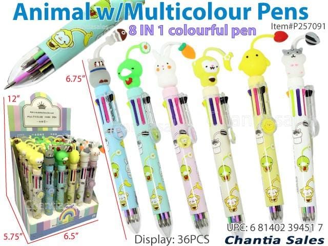Animal Shaped Design 8 in 1 Multicolour Pens - 6 Per Pack