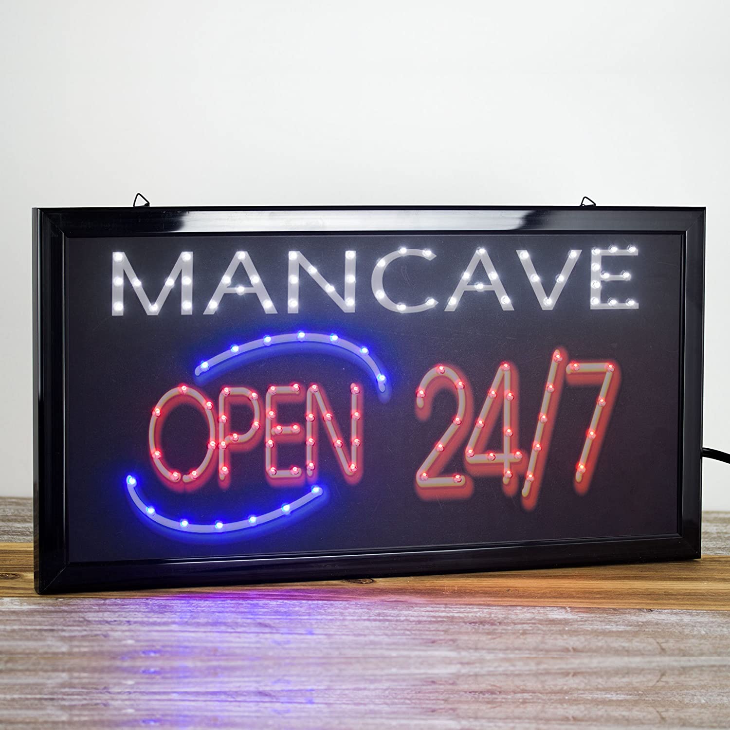 Man Cave Open 24/7 Framed LED Sign