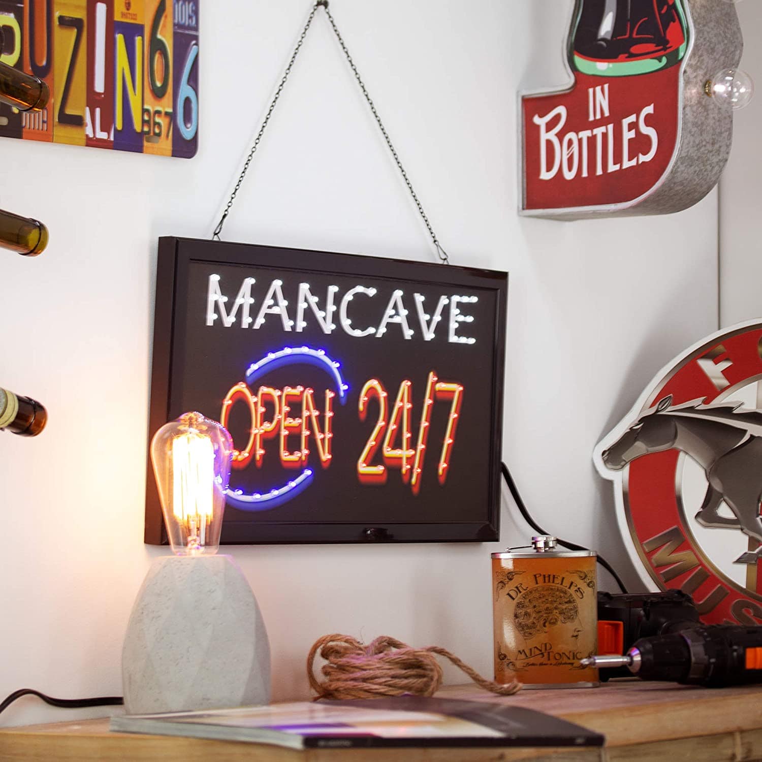 Man Cave Open 24/7 Framed LED Sign