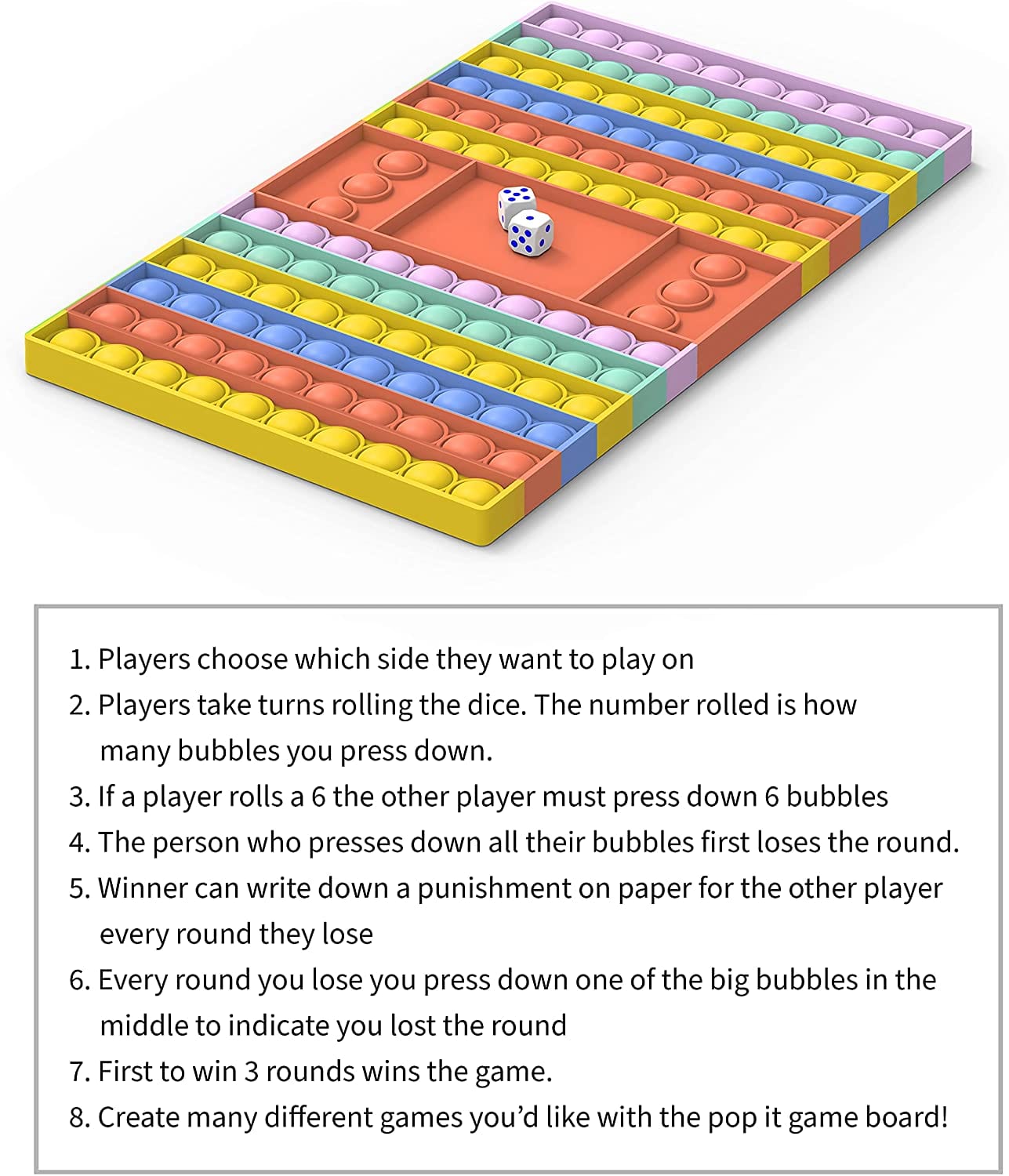 POPBUBBLE - GAMEBOARD WITH 2 DICES PASTEL COLOUR