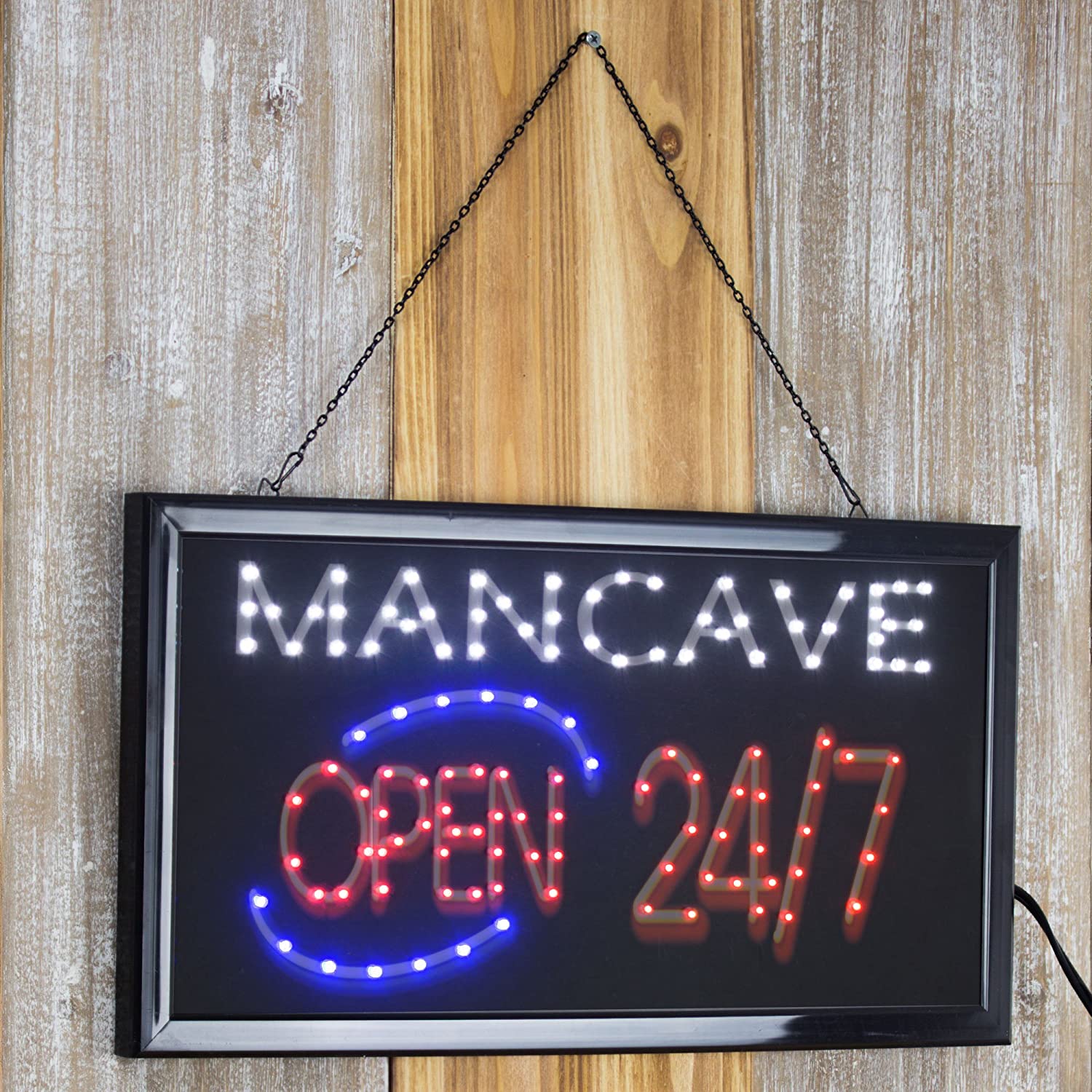 Man Cave Open 24/7 Framed LED Sign
