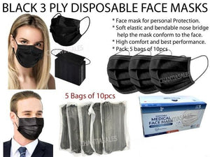 Black 3 Ply Disposable Medical Face Masks - 50Pcs/Box