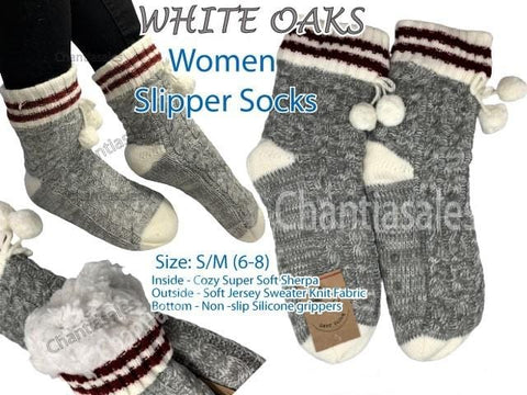 Women Cozy Sherpa Slipper Socks -Long With Non-Slip Silicone Grippers