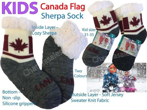 Kids  Canada Flag - Non-Skid Sherpa Lines Thermal Socks -Canada Print