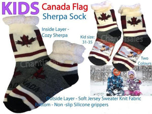 Kids  Canada Flag - Non-Skid Sherpa Lines Thermal Socks -Canada with Leaf Print