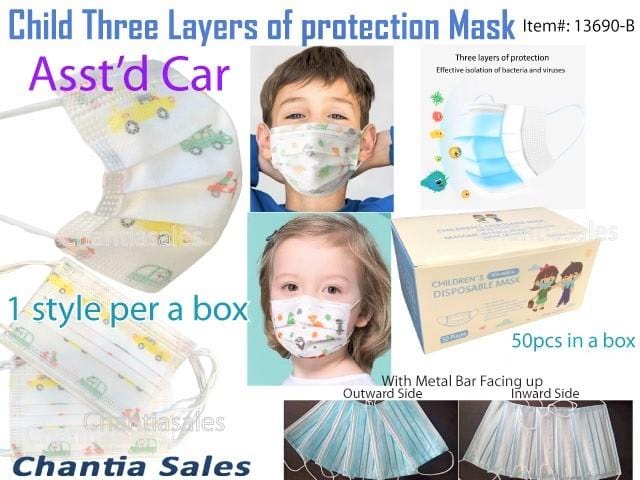 KIDS - Assorted Cars 3 Layers Protection Mask  (50 PIECES Per Box)