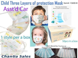KIDS - Assorted Cars 3 Layers Protection Mask  (50 PIECES Per Box)
