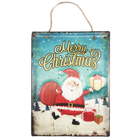 "Merry Christmas Santa With Presents" Metal Sign Holiday Season Decor With Rope For Easy Hanging