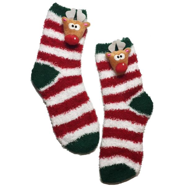 Apparel - Santa & Rudolph Candy Cane Fuzzy Slipper Socks