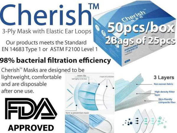 50 Pieces Hypoallergenic Disposable Face Masks - 98% Bacterial Filtration Efficiency