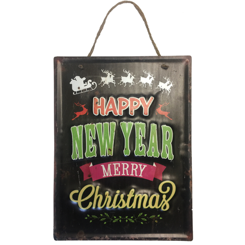 "Happy New Year Merry Christmas" Holiday Themed Hanging Metal Sign Decor With Santa and Reindeer Graphics