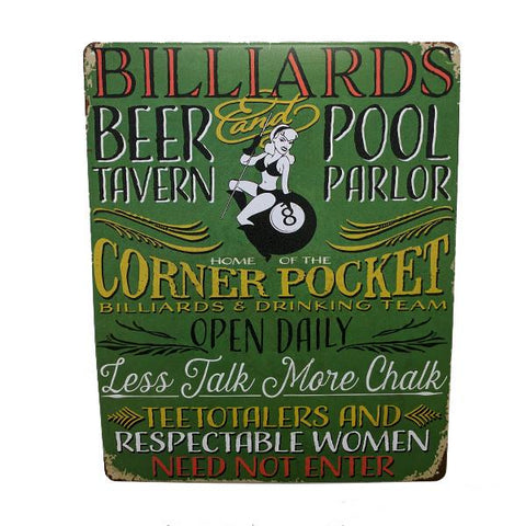 Home - "Billiards, Beer Tavern & Pool Parlor" Vintage Collectible Metal Wall Decor Sign - 15" X 12"