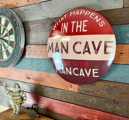 What Happens In The Man Cave Stays In The Man Cave Dome Sign, 15" Round Sign