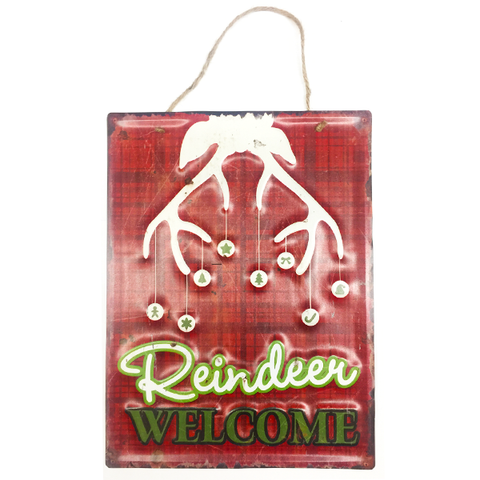 "Reindeer Welcome" Holiday Metal Sign With Christmas Tree Hanging Wall Decor L 16" X W 12"
