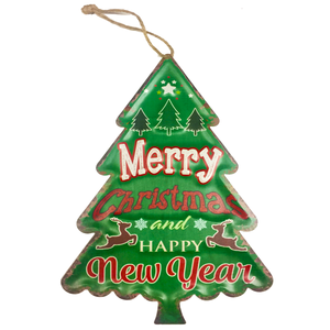 "Merry Christmas And A Happy New Year" Christmas Tree Shaped Holiday Season Metal Decor With Rope